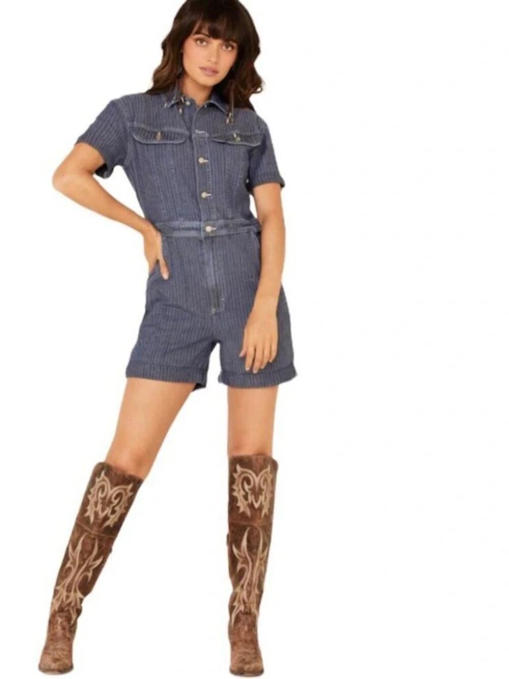 Lee Union Alls Denim Romper Womens M Blue One Piece Short Sleeve Hipster Boho